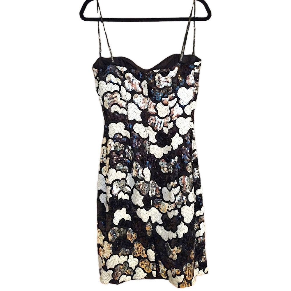 David Butler Cocktail Mini Dress w/ Black/Wht/Silver Sequins, Sz 12 UK, US 8 80s